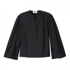Longchamp Poplin Embroidered Women Blouse Black | Australia-305TBZVID