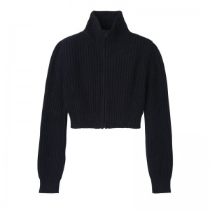 Longchamp Zip Collar Short Women Cardigan Navy | Australia-251ZAOUHC