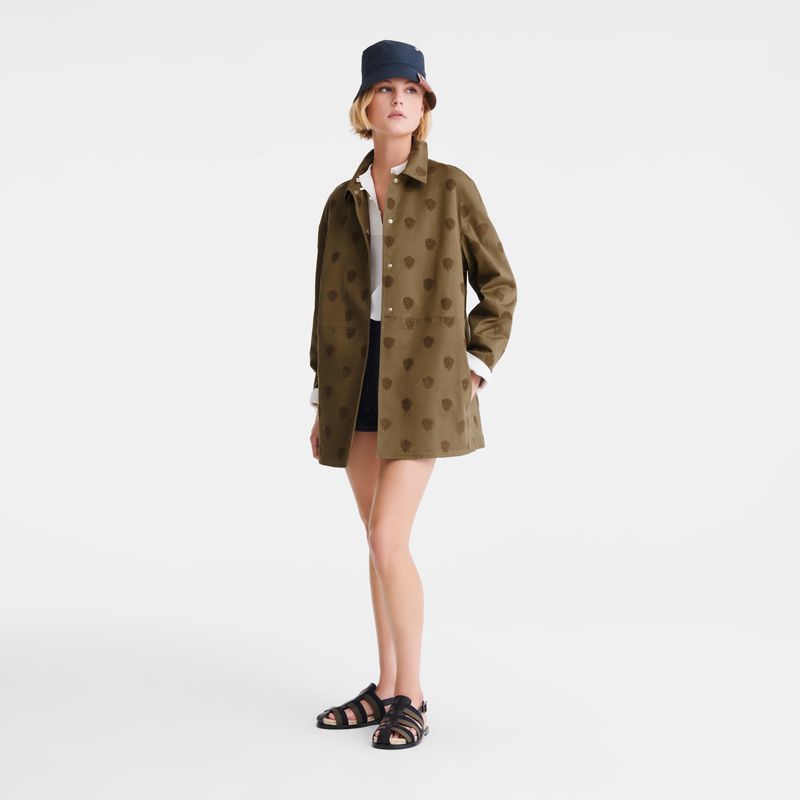 Longchamp Embroidered Gabardine Women Coat Olive | Australia-386YFCATQ