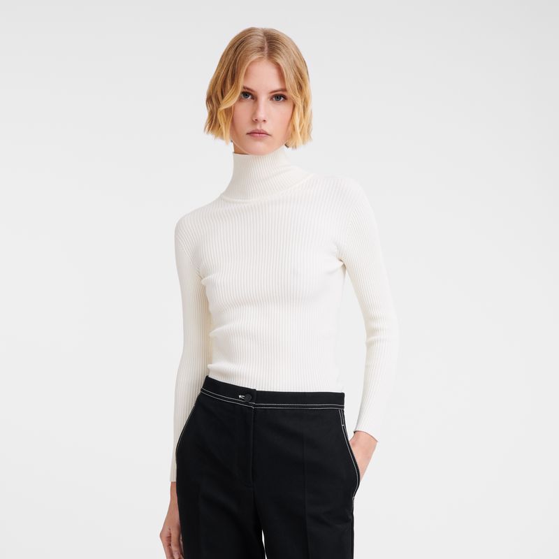 Longchamp High Collar Fitted Women Jumper Cream | Australia-046IZSKTL