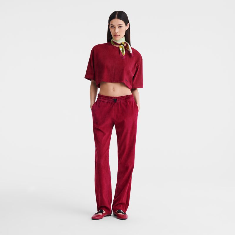 Longchamp Leather Straight Women Pants Dark Red | Australia-849QWOKST