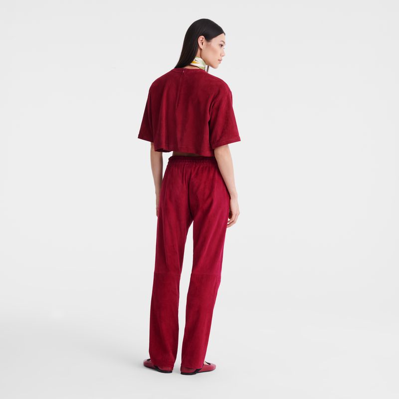 Longchamp Leather Straight Women Pants Dark Red | Australia-849QWOKST
