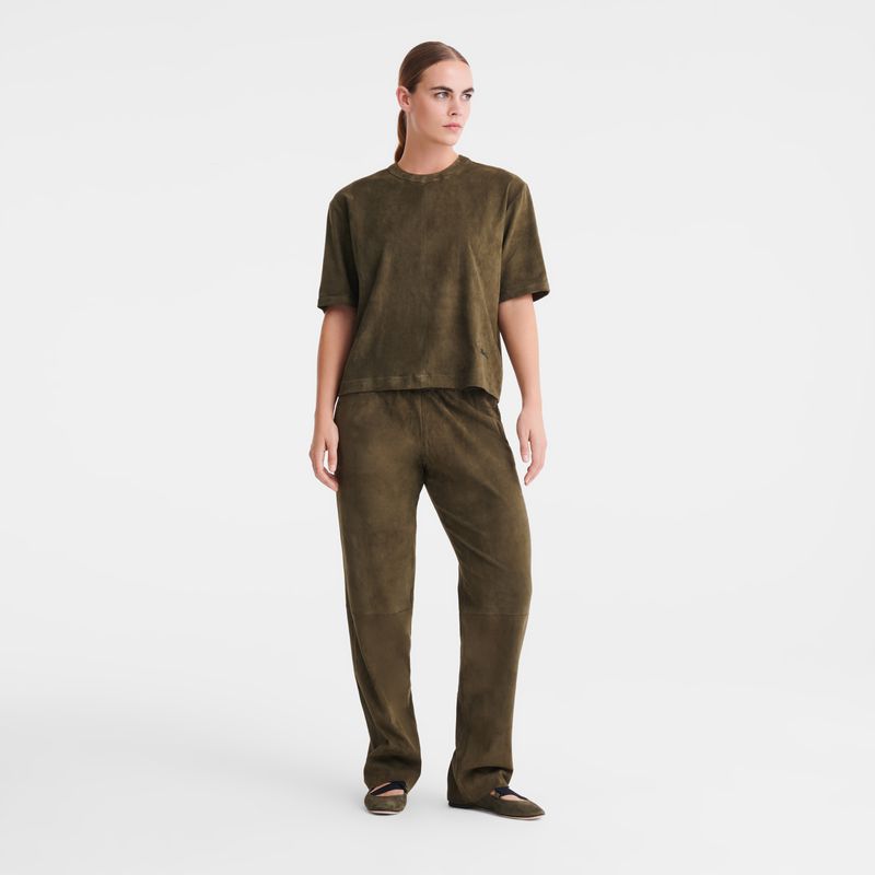 Longchamp Leather Straight Women Pants Khaki | Australia-170VSPUJY