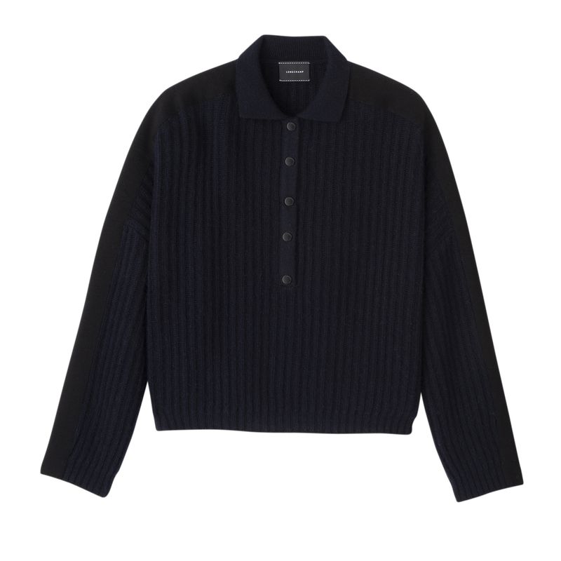 Longchamp Polo Collar Women Jumper Navy | Australia-961IVWJKE