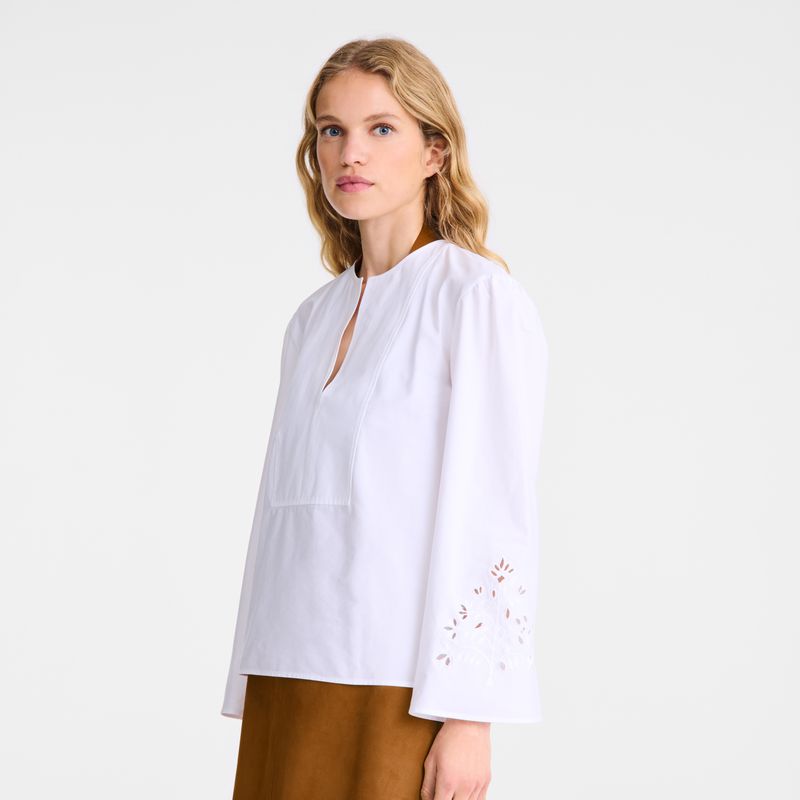 Longchamp Poplin Embroidered Women Blouse White | Australia-396RJGFHM