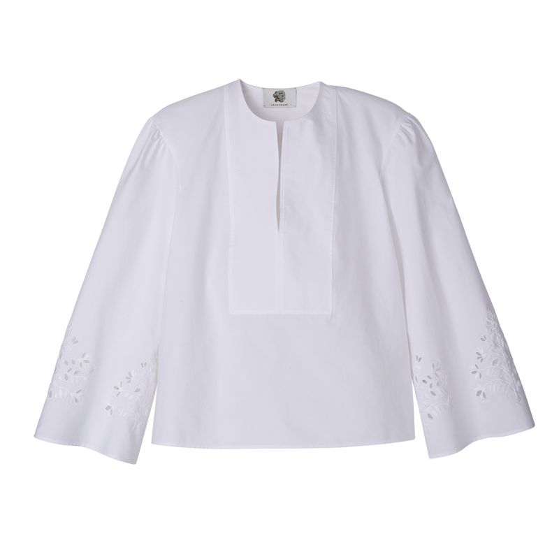 Longchamp Poplin Embroidered Women Blouse White | Australia-396RJGFHM