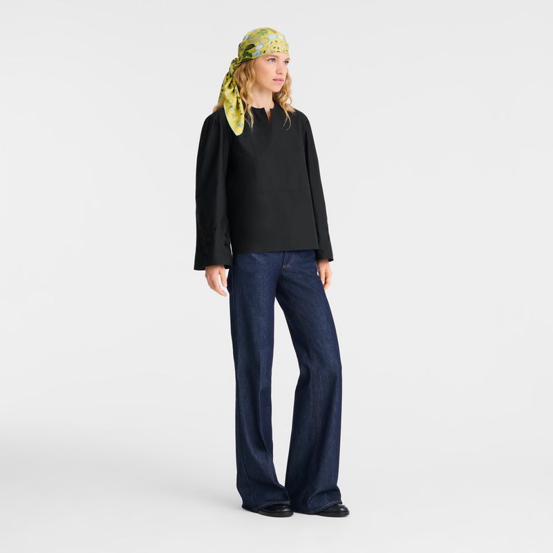 Longchamp Poplin Embroidered Women Blouse Black | Australia-305TBZVID