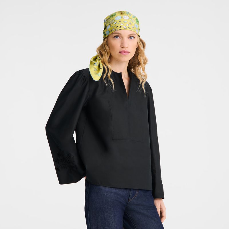 Longchamp Poplin Embroidered Women Blouse Black | Australia-305TBZVID