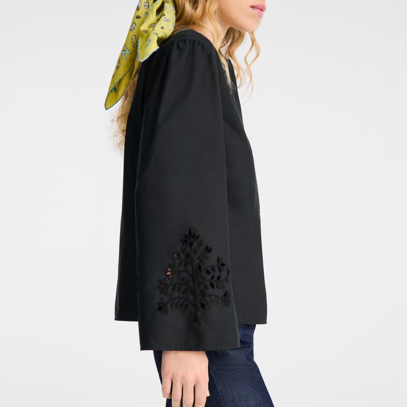 Longchamp Poplin Embroidered Women Blouse Black | Australia-305TBZVID