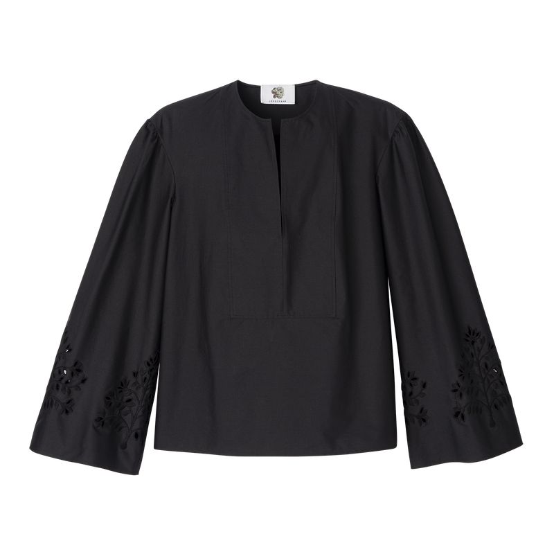 Longchamp Poplin Embroidered Women Blouse Black | Australia-305TBZVID