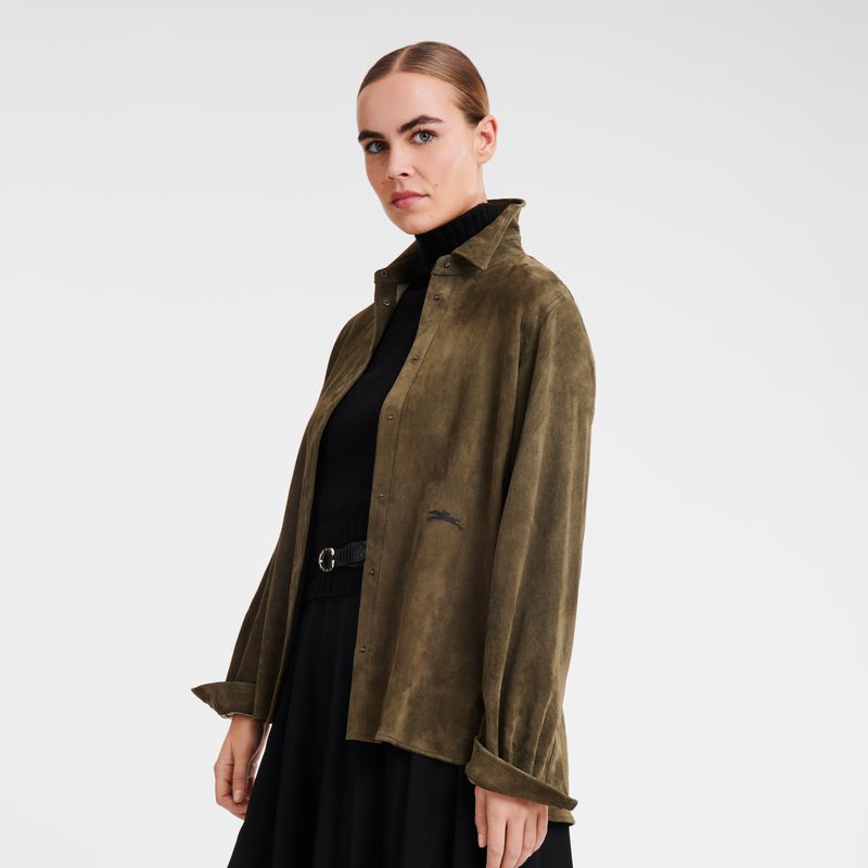 Longchamp Straight Leather Women Shirts Khaki | Australia-583MTAJGF