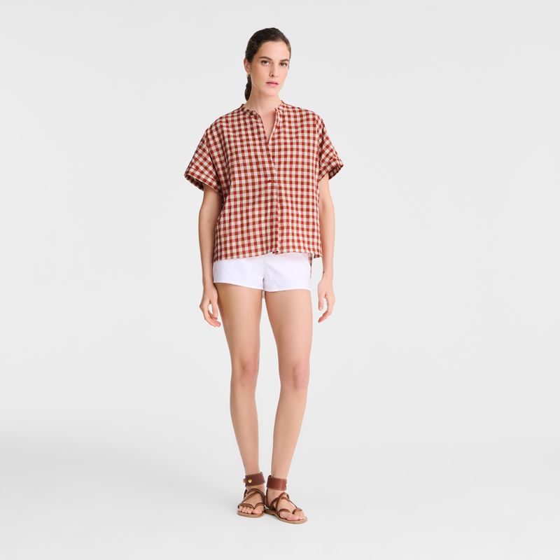 Longchamp Vichy Jacquard Women Blouse Coral / White | Australia-576QZCIEG