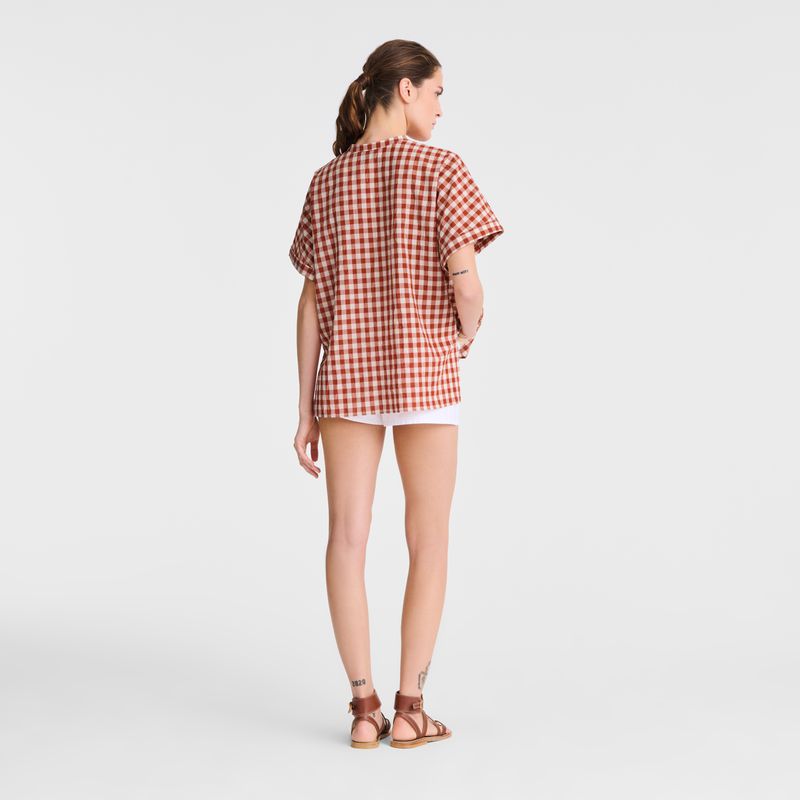 Longchamp Vichy Jacquard Women Blouse Coral / White | Australia-576QZCIEG