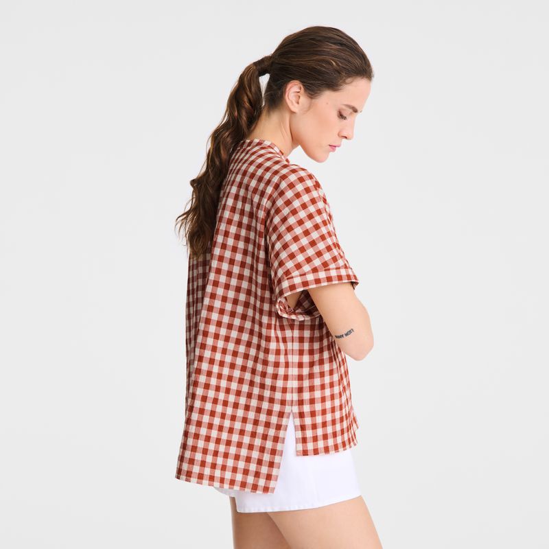 Longchamp Vichy Jacquard Women Blouse Coral / White | Australia-576QZCIEG