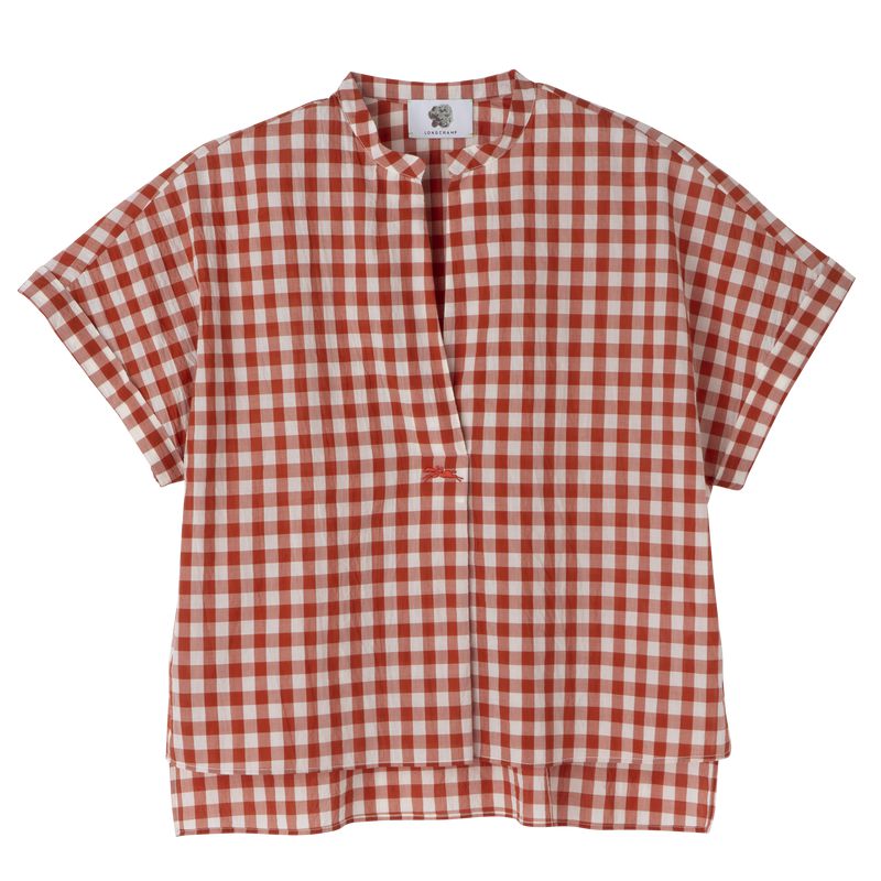 Longchamp Vichy Jacquard Women Blouse Coral / White | Australia-576QZCIEG