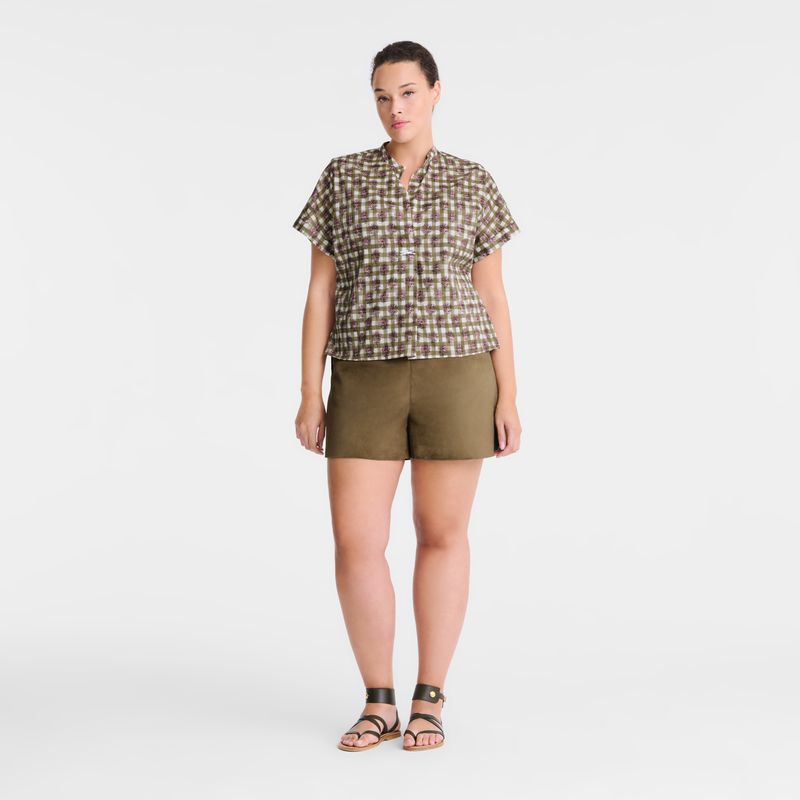 Longchamp Vichy Print Veil Women Blouse Olive | Australia-172GMJRVC