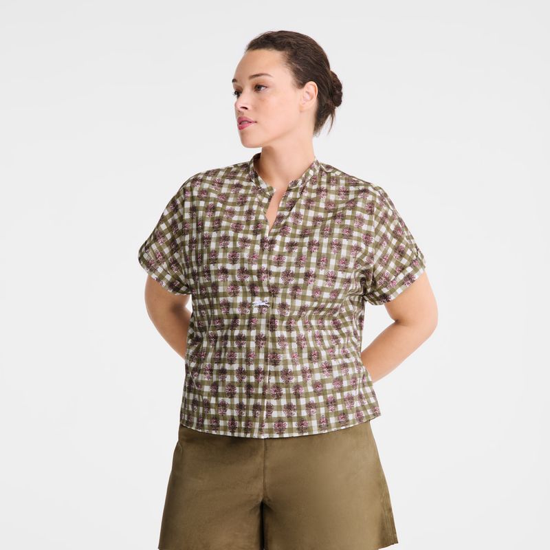 Longchamp Vichy Print Veil Women Blouse Olive | Australia-172GMJRVC