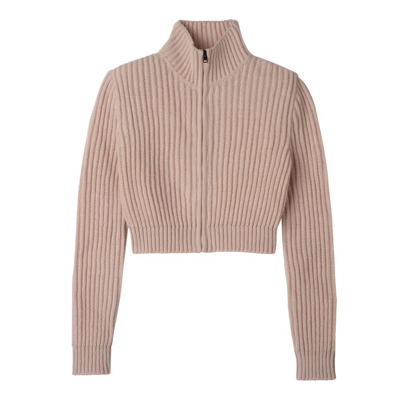 Longchamp Zip Collar Short Women Cardigan Beige | Australia-126SGZYKP