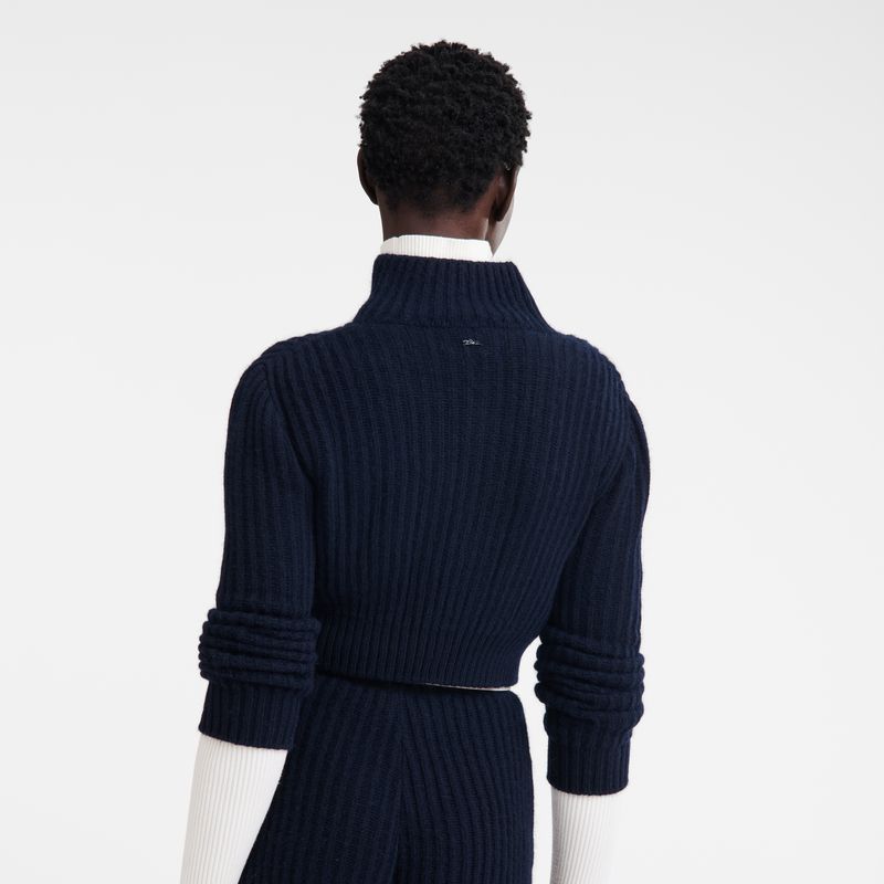 Longchamp Zip Collar Short Women Cardigan Navy | Australia-251ZAOUHC