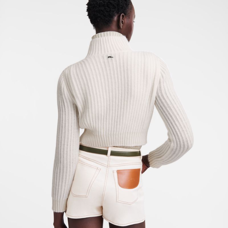 Longchamp Zip Collar Short Women Cardigan Cream | Australia-208XKEOBS
