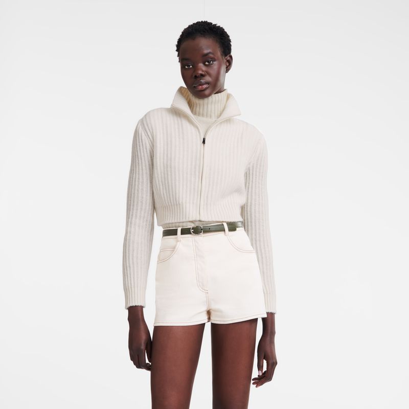 Longchamp Zip Collar Short Women Cardigan Cream | Australia-208XKEOBS