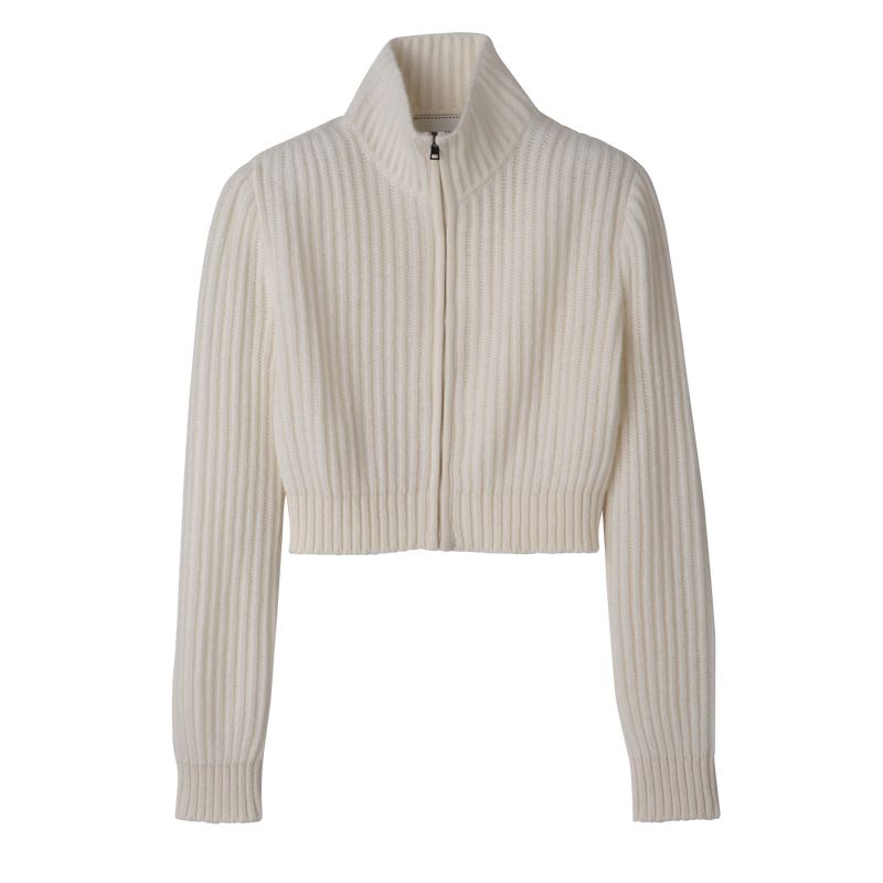 Longchamp Zip Collar Short Women Cardigan Cream | Australia-208XKEOBS
